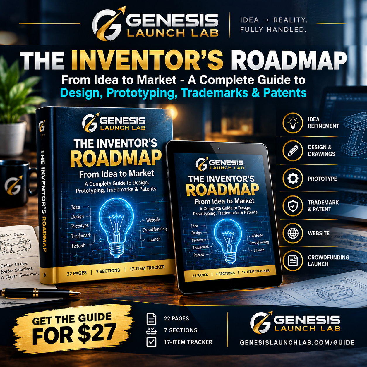 Genesis Launch Lab - The Inventor's Roadmap guide mockup